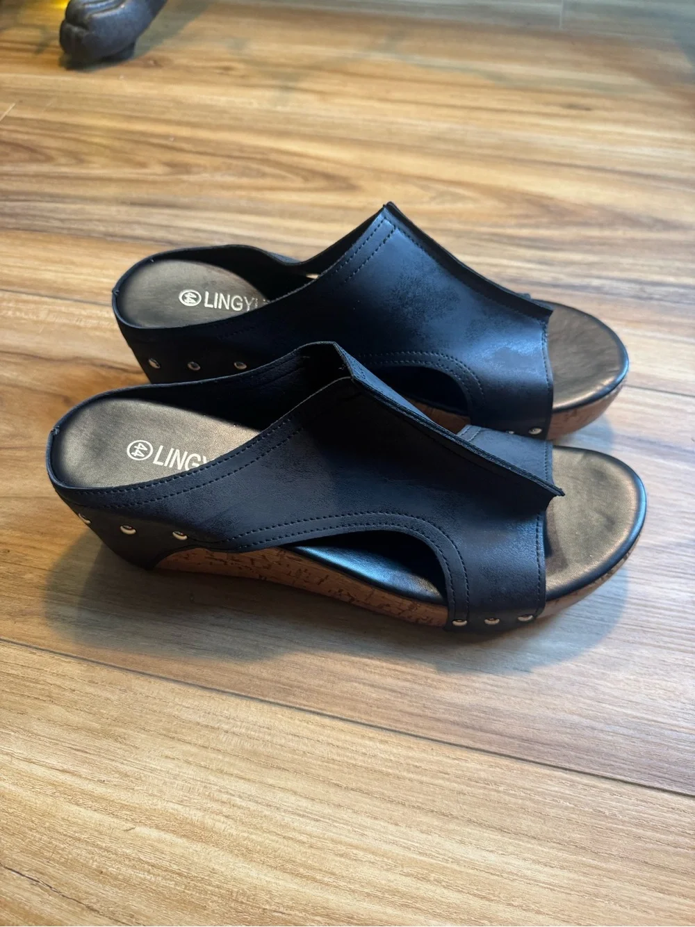 Black Cork Wedge Slide Sandals size, US 13 or 13 1/2